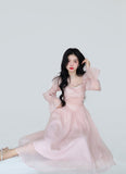 Kukombo Elegant Evening Party Midi Dress Women Bubble Sleeve French Vintage Sweet Dress Female Pink Korean Style Fairy Dress Autumn