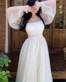 Kukombo  Elegant Maxi Dresses For Women White Off Shoulder Puff Long Sleeve Elastic High Waist Party Gown Ruffle Holiday Dress