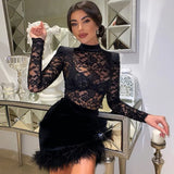 Kukombo Lace See Through Dress with Feathers, Black Lace Bodycon, Slim Sheath, Long Sleeve, Mini Dresses, Night Club Party Outfit,