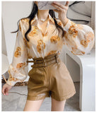 Kukombo Women's Spring Summer New Loose Floral Blouse Women's Sunscreen Turndown Collar Chiffon Clothing Korean Long-Sleeved Shirts