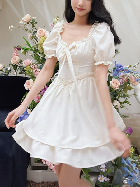 Kukombo Casual Elegant Lolita Mini Dress Women Vintage One Piece Dress