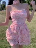 Kukombo  Casual Floral Sexy Dress Women 2023 Summer Pink Sleeveless Patchwork Mini Dresses Female Elegant Party Holiday Slim Korean Dress