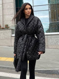 Kukombo 2023 New Winter Wear Women Parker Cotton Coat Medium Long Overcoat Slim Tie Lapel Pattern Elegant Quilted Overcoat
