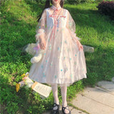 Kukombo Hstar Women Bow Japanese Lolita Sweet Dress Pink  Blue Op Harajuku Fairy Mesh Dress Alice In Wondeland Long Sleeves Vestidos