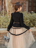 Kukombo Fashion 2 Piece Set Autumn For Women Suits Elegant Black French Retro Coat+Polka Dot Puff Skirt Outfits Femme Fall With Belt