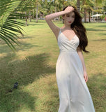 Kukombo 2022 Spring Summer Sexy Backless Waist Bow French Long White Suspender Dress V Neck Beach Style Satin Dress Vacation Style Dress