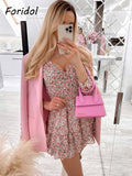 Graduation Gift Big Sale Spring Floral Print Pink Long Sleeve Women Boho Summer Dress Casual Tiered Chiffon V Neck Short Female Cute Fashion Retro Dress