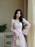Kukombo Elegant Evening Party Midi Dress Women Bubble Sleeve French Vintage Sweet Dress Female Pink Korean Style Fairy Dress Autumn