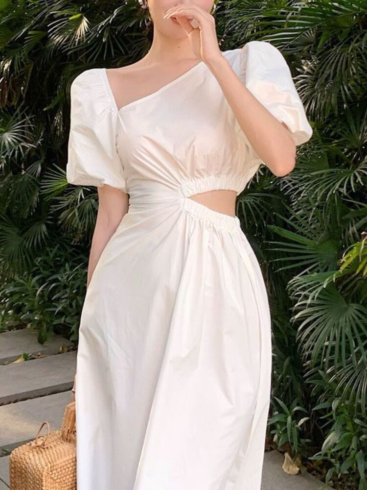 Kukombo Elegant Casual White Black Summer Dress for Women Vintage Hollow Out Party Birthday Midi Vestidos Female Fashion Chic Clothes