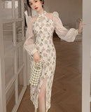 Kukombo Vintage Elegant Cheongsam Dress Women Floral Embroidery Design Party Fairy Dress Female Spring Court Retro Long Split Dress