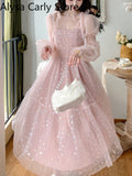 Kukombo Lace Elegant Sequin Fairy Dress Women Pink Patchwork Vintage Party Midi Dresses Female Casual Sweet Princess Kawaii Dress 2022