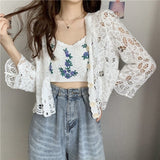 Kukombo Summer Hollow Cardigan Women Japanese New Thin Lace Knitted Jacket Woman Outwear Long Sleeve Cropped Tops