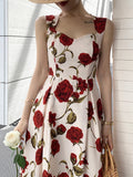 Kukombo Women's Summer Elegant Floral Print Rose Strap Midi Dress Sleeveless Casual Beach Party Sundress Female Fashion A-Line Vestidos