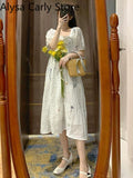 Kukombo 2022 Spring Fairy Vintage Dress Women Bow Sexy Backless Elegant Korean Dress Female Causal Puff Sleeve Sweet Design Party Dress