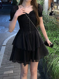 Kukombo  Vintage Elegant Mini Dress Women Short Sleeve Lace Fairy Party Dress Evening Beach Style Black One Piece Dress Korea 2022 Summer