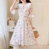 Kukombo 2022 Ruffled Peter Pan Collar Pink Floral Chiffon Dress Spring Summer Sweet Style Dress Korean Style Prairie Chic Casual Dress