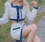 Kukombo Autumn Kawaii Two Piece Set Women Korean Fashion Patchwork Party Mini Skirt Suit Female Long Sleeve Bow Designer Skirt Set