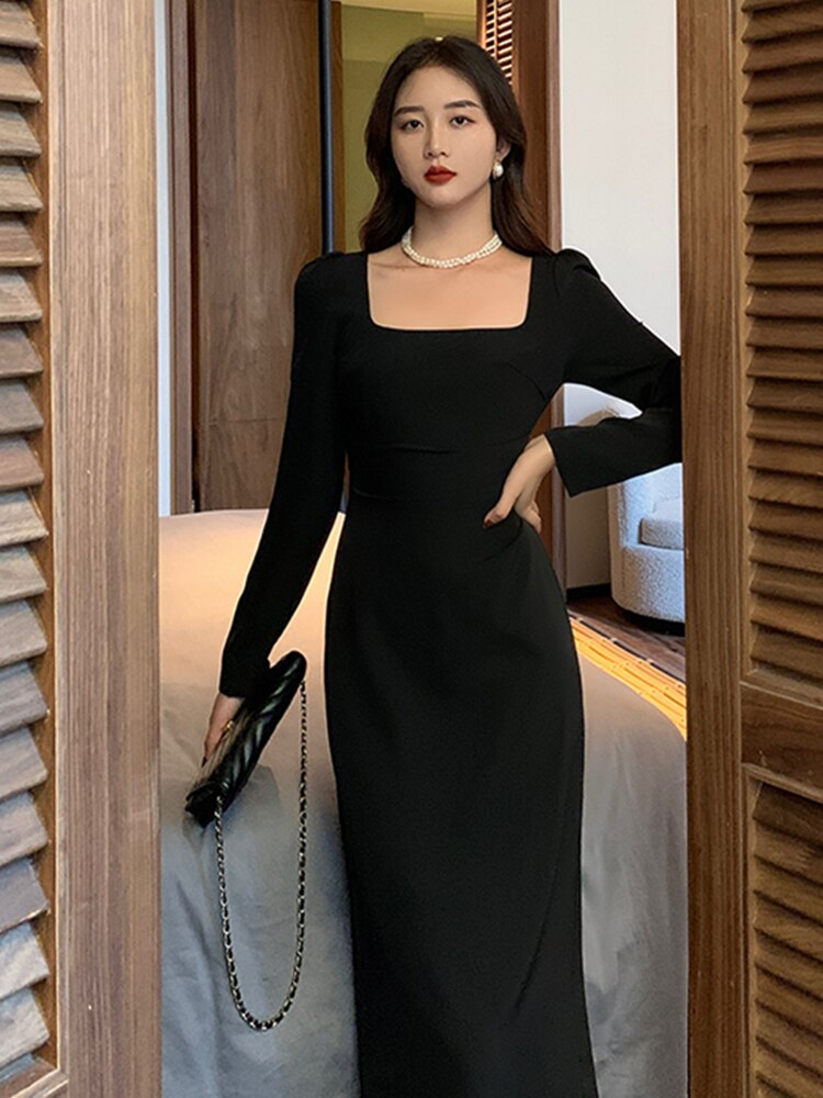 Kukombo Bodycon Midi Dress Spring Summer 2023 New Elegant Fashion Office Lady Long Sleeves Solid Color Women Slim Party Clothes Dresses