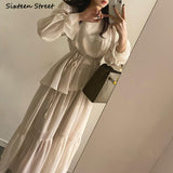 Kukombo New Elegant Apricot Dress For Women Clothing O-Neck 2022 Spring Lantern Sleeve Ruffles Dress Female Lace Up Loose Vestido
