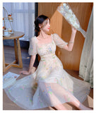Kukombo Sweet Mesh Lace Fairy Dress Summer Woman Puff Sleeve Embroidery Floral Elegant Romantic Princess Dresses For Party Night Vestido