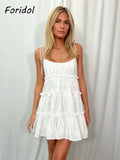 Graduation Gift Big Sale Women Flower Hollow Out White Lace Dress Cotton Fashion Lace Up Ruffles Short Mini Beach Dress 2023 Dropshipping Outfits Vestido