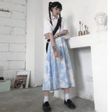 Kukombo 2022 New Sweet Blue Tie-Dye Skirts Women Korean Fashion High Waist Harajuku Loose Long Skirt Woman
