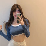 Kukombo Spring Autumn Korean Women's Fashionable Sexy Round Neck Open Belly Long Sleeve T-Shirt Slim Contrast And Patchwork Harajuku Top