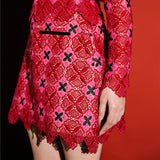 Kukombo Vintage Red Lace 2 Piece Sets Women Turn-Down Neck Tops And High Waist Skirt 2022 Fashion Design Dress Sets Women