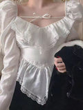 Kukombo Summer Chiffon Lace Vintage Sexy Blouse Women Skinny Empire Waist Retro Tops Female Solid Turn-down Collar Sweet Party Top