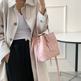 Kukombo Back to school Letters Drawstring Bucket Small Women Handbags Trend Fashion Designer Ladies Shoulder Crossbody Bags Pink Beige