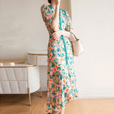 Kukombo  French Plus Size slim chiffon floral Dress 2022 Spring Summer mid-length V neck short-sleeved irregular fishtail Dress Women