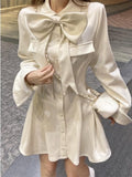 Kukombo Elegant 2022 Spring Y2K Bow Mini Dress Women Casual Long Sleeve Office Ladies Slim Short Dress Vintage One Piece Dress Korean