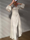 Kukombo Zjkrl Elegant Dress For Women V Neck Lantern Sleeve High Waist Solid Ruched Minimalist Midi Dresses Female Clothing Style