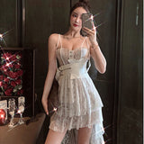 Kukombo  Sexy Dress Summer 2022 Women's New Korean Lace Double Ring Belt Irregular Suspenders Slimp A-line Dress