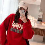 Kukombo Fleece Pullover Crewneck Sweatshirt Women Oversized Vintage Outfit Korean Style 90S Streetwear Winter Autumn Red Hoodie Women