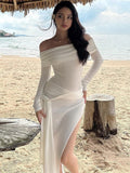 Kukombo Side Slit Folds Maxi Dresses For Women Sexy Hollow Out High Waist Bodycon Dress Holiday Fashion Beach Party Evening Dress