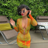 Cyber Monday Sales Tie Dye Long Sleeve Print Deep V Neck Hollow Out Bodycon Mini Dress Women Sexy Party Club Outfits Dresses For Women Boho Dress
