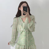Kukombo  Korean Chic Spring French V-Neck Halter Lace-Up Dress Smudge Print Waist-Show Pleated Hip Dress Short Dress