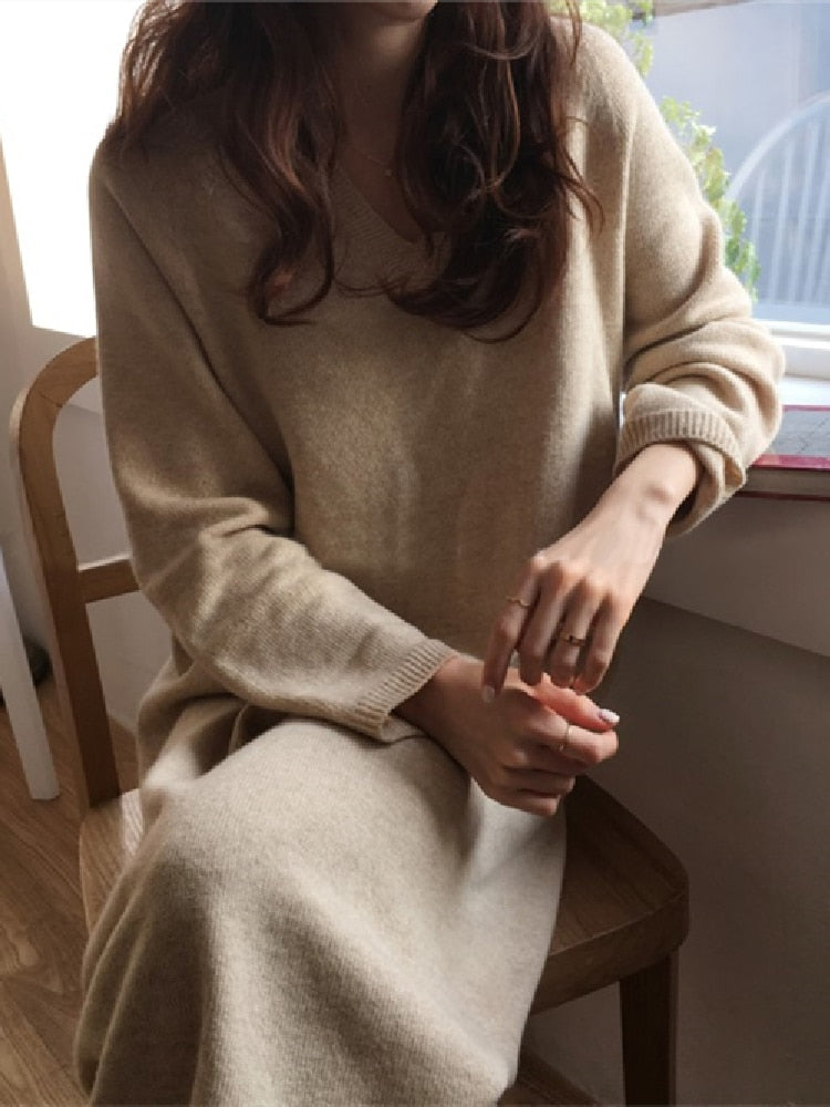 Thanksgiving Gift Warm Sweater Women Autumn Dress Winter Long Sweater Knitted Dresses Long Loose Maxi Oversize Lady Dresses Bodycon Robe Vestidos