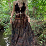 Kukombo  Y2k Fairy Grunge  Women's Summer Long Skirts High-Waisted  Vintage Stripes Print Bohemian Style High Waist Skirt Beachwear