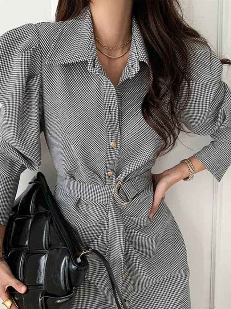 Kukombo Elegant and Chic Women Shirts Dress Spring Single Breasted Plaid Casual Vintage Party Vestidos with Belted Female Fashion Mujers