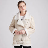 Black Friday Sales New Women Winter Lambs Wool Parkas Fur Collar Zipper Jacket Warm Thick Outerwear Faux Lamb Leather Coat Moto Outwear