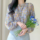Kukombo Sweet Floral Chiffon Shirts Women New Print Long-Sleeved Blouse Woman Fashion Crewneck Button Down Tops Spring Summer