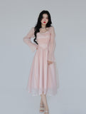 Kukombo Elegant Evening Party Midi Dress Women Bubble Sleeve French Vintage Sweet Dress Female Pink Korean Style Fairy Dress Autumn