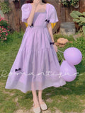 Kukombo Hstar French Square Neck Puff Sleeve Dress Women Mesh Bow Loose Long Summer New Purple Dresses Female Traf Платье Женское Robe