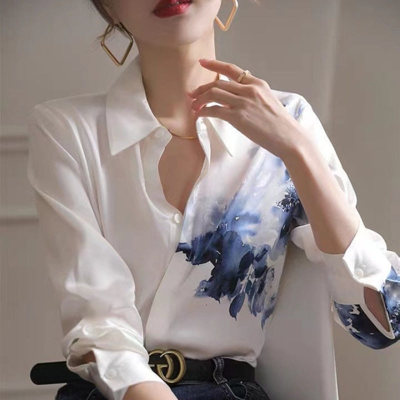 Kukombo Spring Summer New Vintage Ink Printing Chiffon Shirt Turn-Down Collar Long Sleeve Satin Blouse Women's Korean Style Casual Shirt