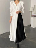 Kukombo Women Elegant Patchwork A-Line Midi Black White Dress OL Pleated Long Sleeve Spring Autumn Vestidos Female Fashion Clothes