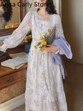 Kukombo Vintage Fairy Midi Dress Women 2022 Spring Elegant Princess Long Sleeve Floral Dress Female Court Retro Casual Lace Korean Dress