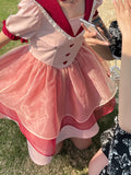 Kukombo Pink Vintage Kawaii Lolita Dress Women Puff Sleeve France Elegant Party Mini Dresses Lace Sweet Cute Princess Dress Summer 2022 K128