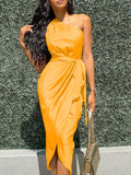 Kukombo Summer Fashion Temperament Women's Sexy Long Skirt Irregular Diagonal Shoulder Strap Waist Lace Up Bifurcated Slim Satin Dress
